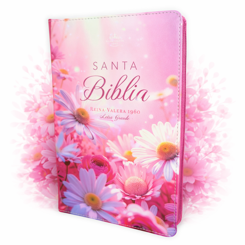 Biblia con Cierre Letra Grande 12 puntos RV1960, imit piel rosada y margaritas con índice y canto floral