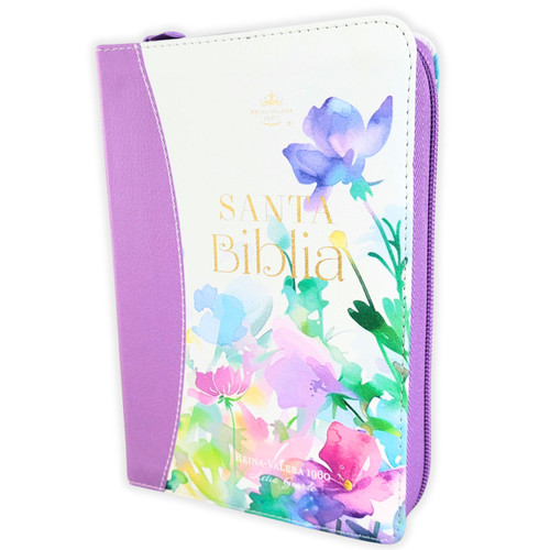 Biblia con Cierre Portátil Letra Grande 12 puntos RV1960, imit piel lila flores acuarela con índice y canto floral
