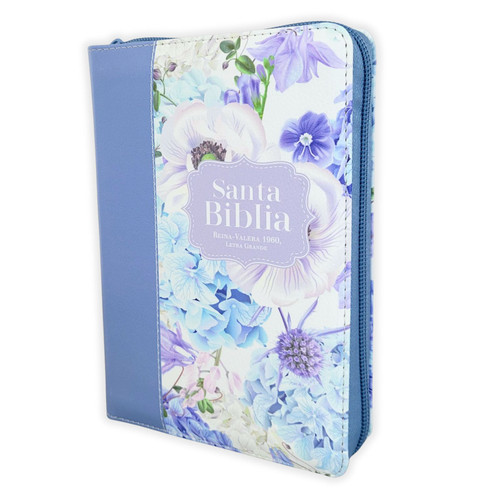 Biblia con Cierre Portátil Letra Grande 12 puntos RV1960, imit piel blanco y azul floral con índice y canto floral