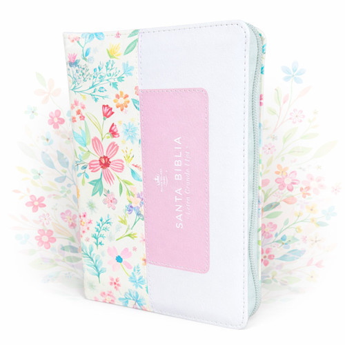 Biblia con Cierre Compacta Letra Grande 11 puntos RV1960, imit piel duotono blanco y rosa floral con índice y canto floral
