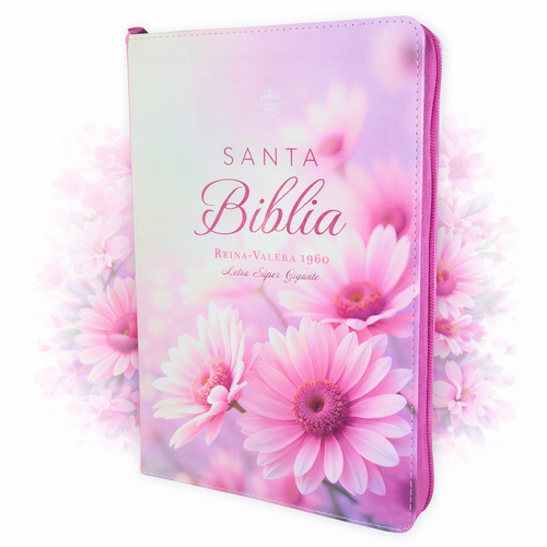 Biblia con Cierre Letra Súper Gigante 19 puntos Mediana RV1960, imit piel margaritas rosas con índice y canto floral