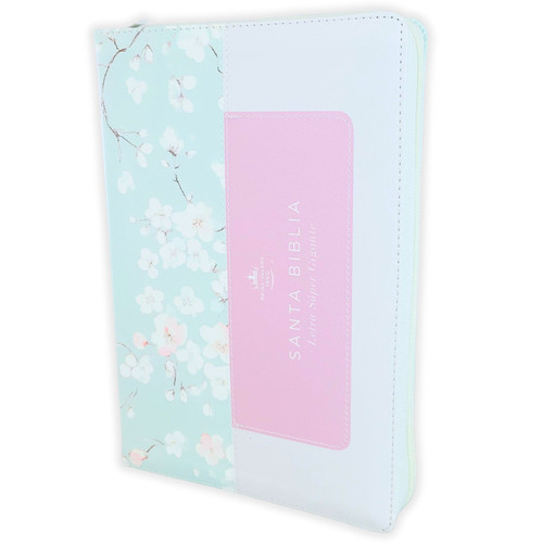 Biblia con Cierre Letra Súper Gigante 19 puntos Mediana RV1960, imit piel tricolor azul/rosa/blanco con índice y canto floral
