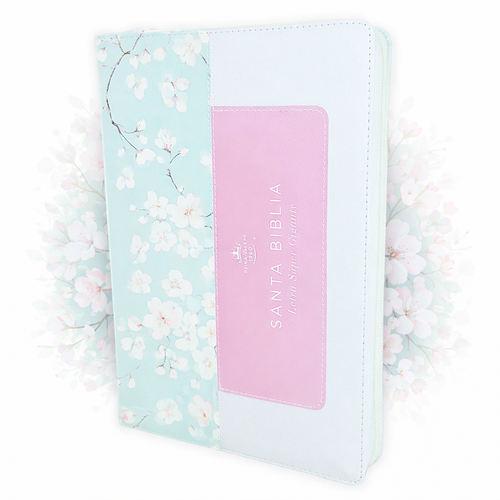 Biblia con Cierre Letra Súper Gigante 19 puntos Mediana RV1960, imit piel tricolor azul/rosa/blanco con índice y canto floral