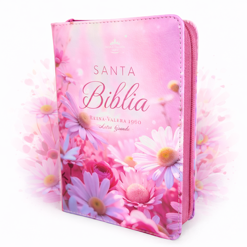 Biblia con Cierre Portátil Letra Grande 12 puntos RV1960, imit piel blanco y rosa margaritas con índice y canto floral