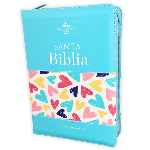 Biblia con Cierre Compacta Letra Grande 11 puntos RV1960, imit piel turquesa corazones con índice y canto pintado
