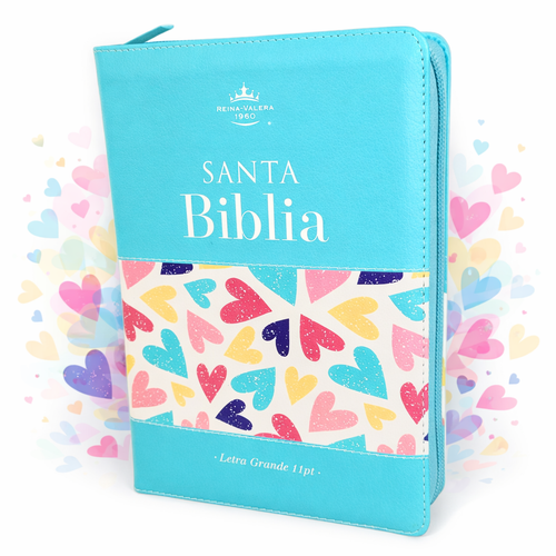 Biblia con Cierre Compacta Letra Grande 11 puntos RV1960, imit piel turquesa corazones con índice y canto pintado