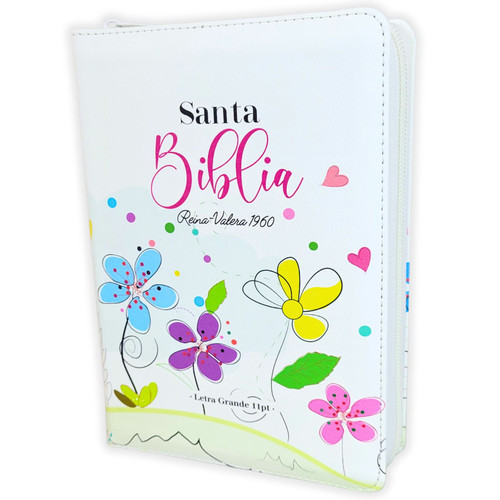 Biblia con Cierre Compacta Letra Grande 11 puntos RV1960, imit piel blanco flores con índice y canto floral