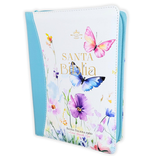 Biblia con Cierre Compacta Letra Grande 11 puntos RV1960, imit piel azul flores acuarela con índice y canto floral