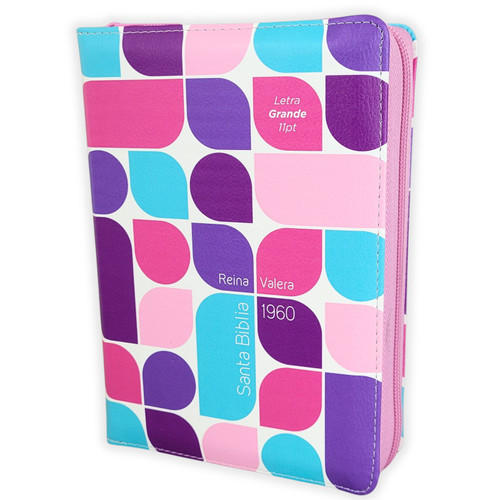 Biblia con Cierre Compacta Letra Grande 11 puntos RV1960, imit piel tricolor turquesa/rosa/purpura con índice y canto floral