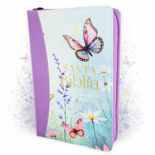 Biblia con Cierre Letra Gigante Manual 14 puntos RV1960, imit piel lila mariposa con índice y canto floral