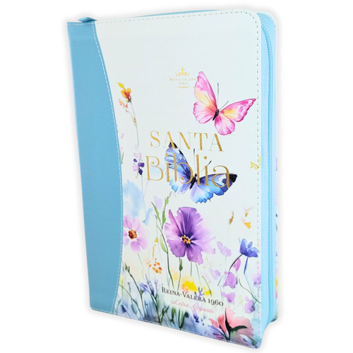 Biblia con Cierre Letra Gigante Manual 14 puntos RV1960, imit piel azul flores acuarela con índice y canto floral