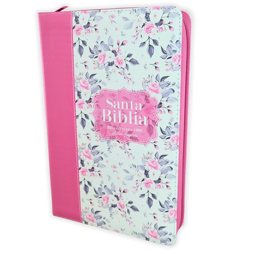 Biblia con Cierre Letra Gigante Manual 14 puntos RV1960, imit piel duotono blanco y rosa floral con índice y canto floral