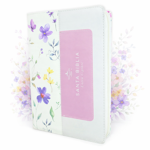 Biblia con Cierre Letra Gigante Manual 14 puntos RV1960, imit piel blanco floral lila con índice y canto floral