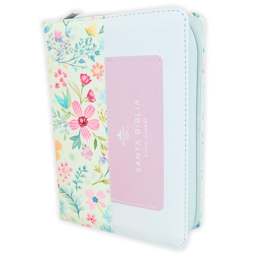 Biblia con Cierre Portátil Letra Grande 12 puntos RV1960, imit piel duotono blanco y rosa floral con índice y canto floral