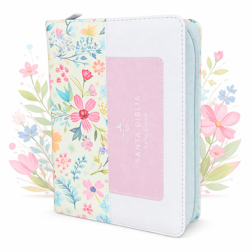 Biblia con Cierre Portátil Letra Grande 12 puntos RV1960, imit piel duotono blanco y rosa floral con índice y canto floral