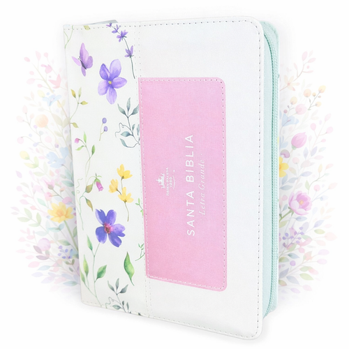Biblia con Cierre Portátil Letra Grande 12 puntos RV1960, imit piel blanco floral lila con índice y canto floral