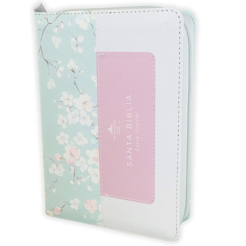 Biblia con Cierre Portátil Letra Grande 12 puntos RV1960, imit piel tricolor verde/rosa/blanco con índice y canto floral