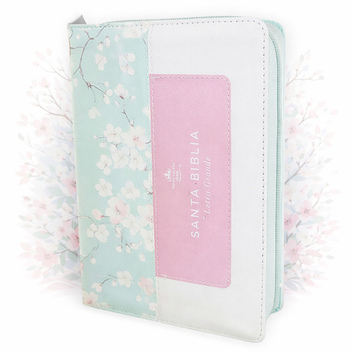 Biblia con Cierre Portátil Letra Grande 12 puntos RV1960, imit piel tricolor verde/rosa/blanco con índice y canto floral
