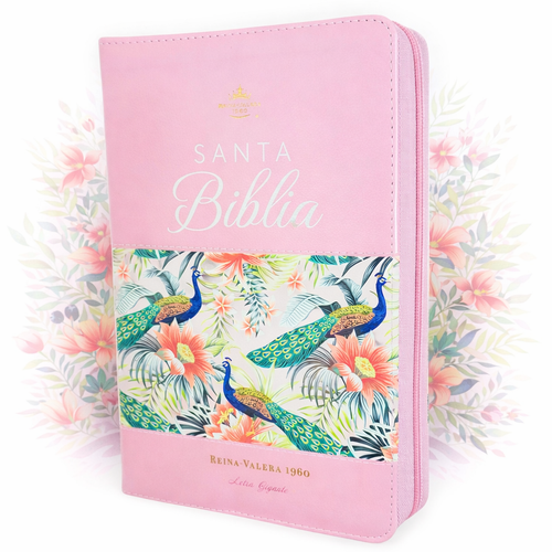 Biblia con Cierre Letra Gigante Manual 14 puntos RV1960, imit piel duotono rosa y aves vintage con índice y canto decorado