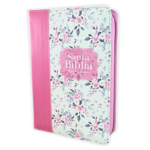 Biblia con Cierre Portátil Letra Grande 12 puntos RV1960,imit piel duotono blanco y rosa floral con índice y canto floral