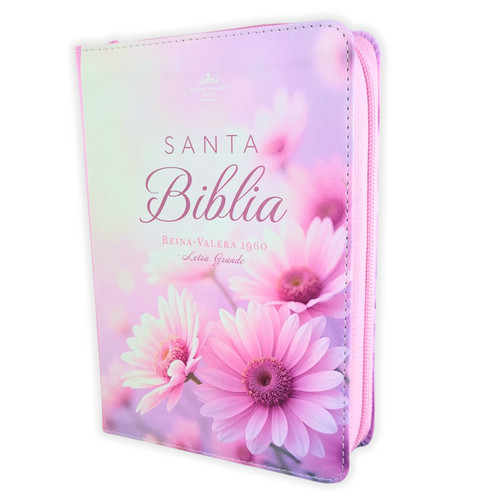 Biblia con Cierre Portátil Letra Grande 12 puntos RV1960, imit piel duotono blanco y rosa margaritas con índice y canto floral