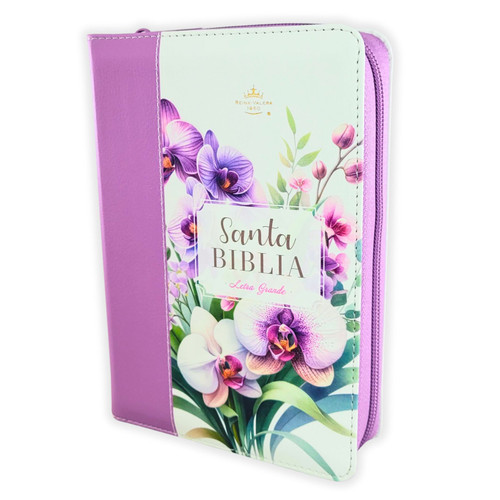 Biblia con Cierre Portátil Letra Grande 12 puntos RV1960, imit piel floral lila orquídea con índice y canto floral
