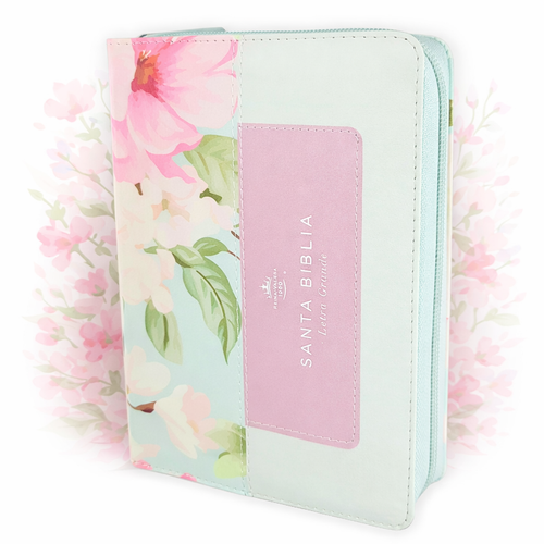 Biblia con Cierre Portátil Letra Grande 12 puntos RV1960, imit piel rosas en esplendor con índice y canto floral