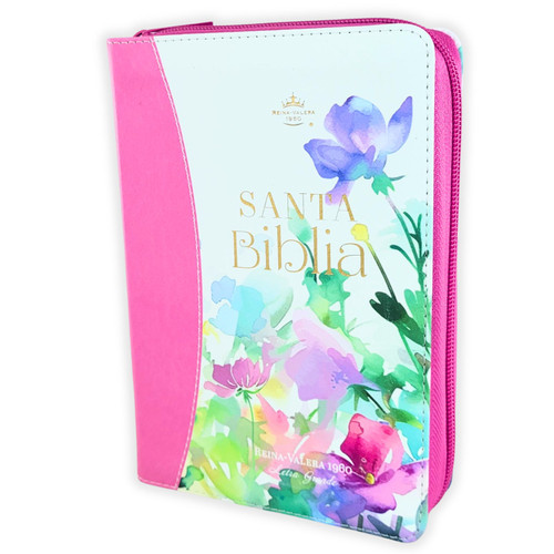 Biblia con Cierre Portátil Letra Grande 12 puntos RV1960, imit piel fucsia flores acuarela con índice y canto floral