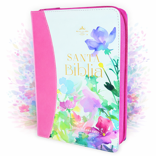 Biblia con Cierre Portátil Letra Grande 12 puntos RV1960, imit piel fucsia flores acuarela con índice y canto floral
