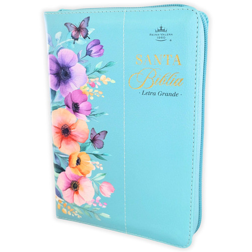 Biblia con Cierre Portátil Letra Grande 12 puntos RV1960, imit piel flores turquesa con índice y canto floral