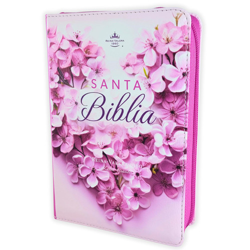 Biblia con Cierre Portátil Letra Grande 12 puntos RV1960, imit piel pétalos en corazón fucsia con índice y canto floral