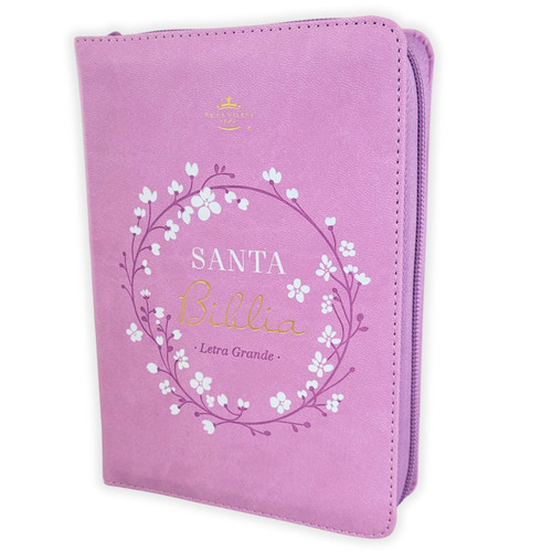 Biblia con Cierre Portátil Letra Grande 12 puntos RV1960, imit piel rosa oscuro y flores blancas con índice y canto floral