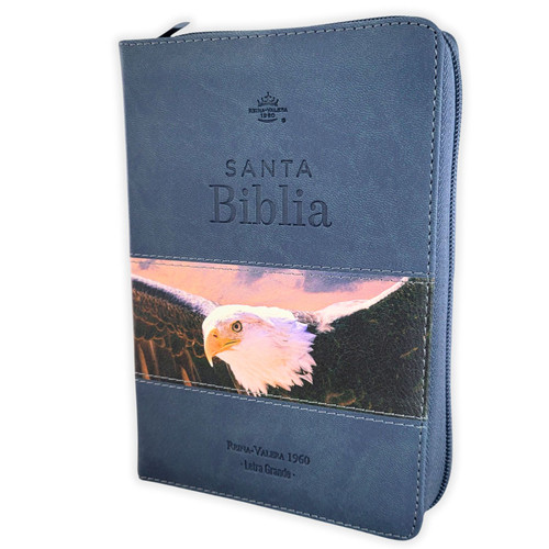 Biblia con Cierre Portátil Letra Grande 12 puntos RV1960, imit piel azul grísaceo y águila volando con índice