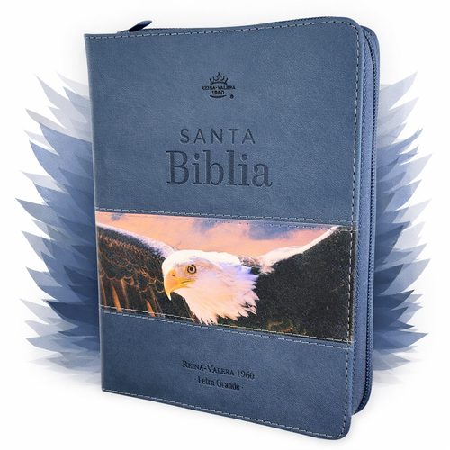 Biblia con Cierre Portátil Letra Grande 12 puntos RV1960, imit piel azul grísaceo y águila volando con índice