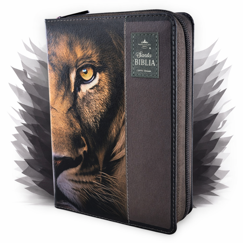 Biblia con Cierre Portátil Letra Grande 12 puntos RV1960, imit piel rostro de león marrón con índice