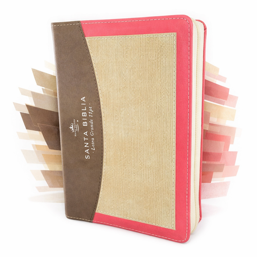 Biblia con Cierre Compacta 11 puntos RV1960 imit piel tricolor café/coral/tela beige con índice