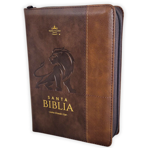 Biblia con Cierre Compacta 11 puntos RV1960 imit piel duotono café silueta de león con índice