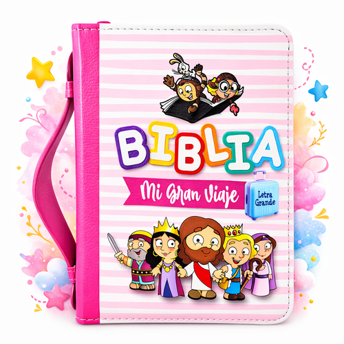 Biblia para Niñas Mi Gran Viaje Compacta con Cierre RV1960, imit piel rosa con asa de mano