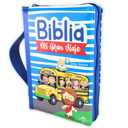 Biblia para Niños Mi Gran Viaje Compacta con Cierre RV1960, imit piel azul con asa de mano