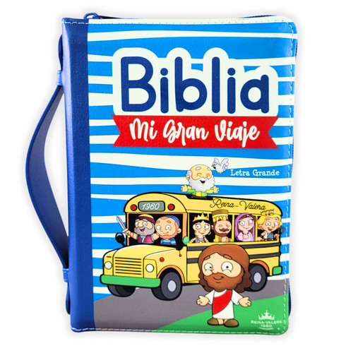 Biblia para Niños Mi Gran Viaje Compacta con Cierre RV1960, imit piel azul con asa de mano