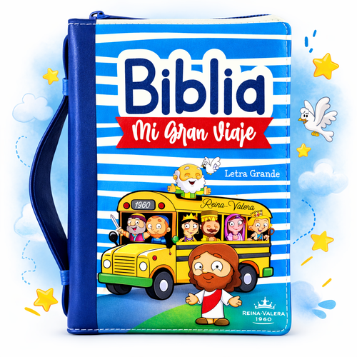 Biblia para Niños Mi Gran Viaje Compacta con Cierre RV1960, imit piel azul con asa de mano