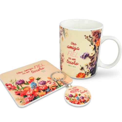 Pack Taza, Llavero, y Posavasos: Una amiga fiel - Proverbios 18:24