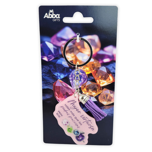 Llavero Acrílico con Borla: Mujer virtuosa - Proverbios 31:10, anillos