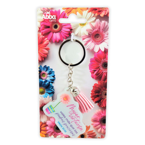 Llavero Acrílico con Borla: Mujer virtuosa - Proverbios 31:10, girasol