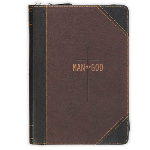 Faux Leather Zippered Journal: Man of God - 1 Timothy 6:11, brown and walnut
