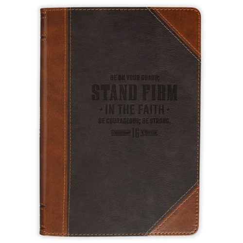 Faux Leather Zippered Journal: Stand Firm in the Faith - 1 Corinthians 16:13, honey brown and espresso