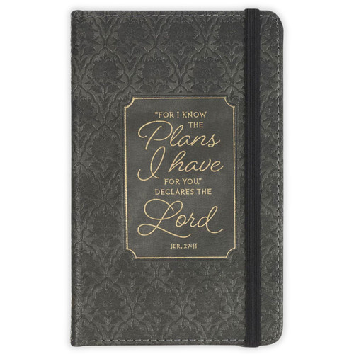 Pocketsize Hardcover Notebook with Elastic Closure: For I Know the Plans - Jeremiah 29:11, black and gray faux leather