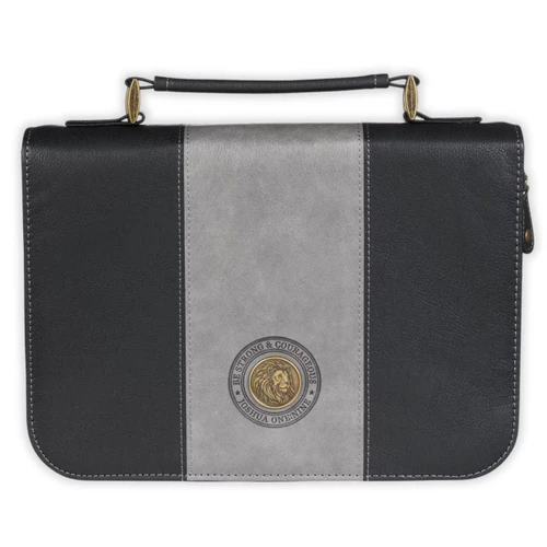 Bible Cover, Be strong and courageous, black and gray faux leather