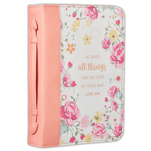 Bible Cover, He Works All Things for Good - Romans 8:28, floral faux leather