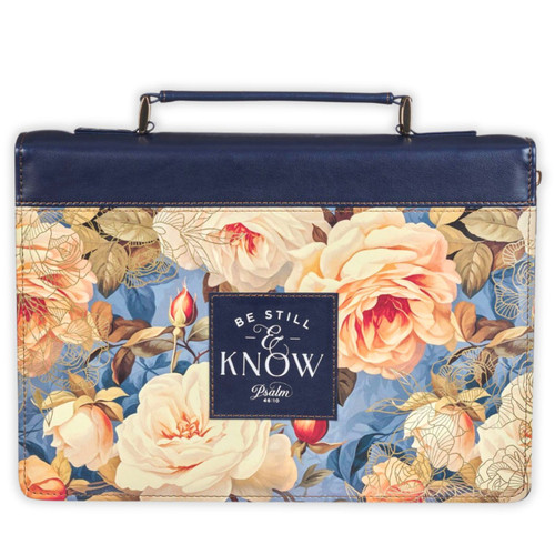 Bible Cover, Be still, Psalm 46:10, roses blue faux leather